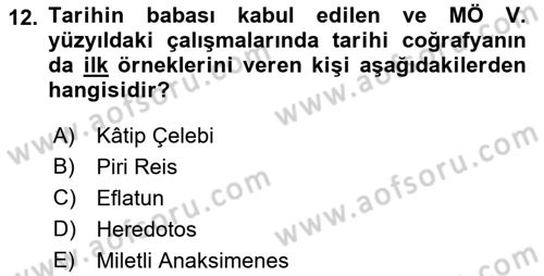 Tarihi Coğrafya Dersi 2019 - 2020 Yılı (Vize) Ara Sınav Soruları 12. Soru