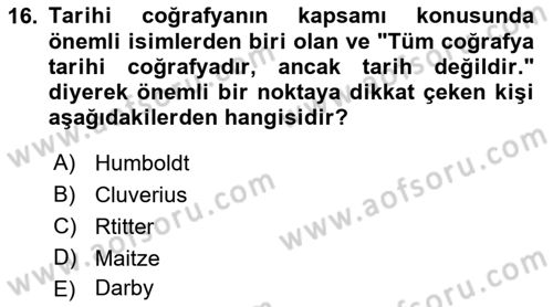 Tarihi Coğrafya Dersi Ara Sınavı Deneme Sınav Soruları 16. Soru