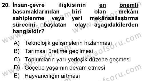 Tarihi Coğrafya Dersi 2020 - 2021 Yılı Yaz Okulu Sınav Soruları 20. Soru