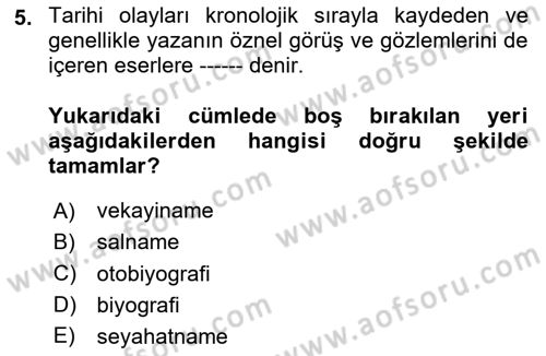Tarihi Coğrafya Dersi 2020 - 2021 Yılı Yaz Okulu Sınav Soruları 5. Soru