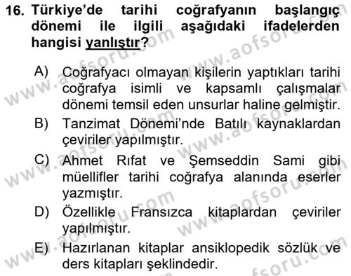 Tarihi Coğrafya Dersi Ara Sınavı Deneme Sınav Soruları 16. Soru