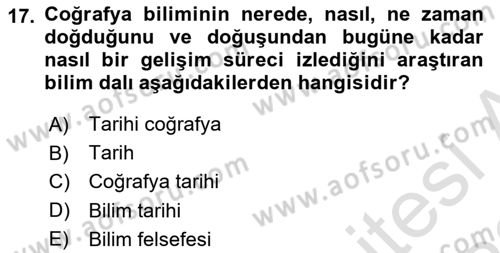 Tarihi Coğrafya Dersi Ara Sınavı Deneme Sınav Soruları 17. Soru
