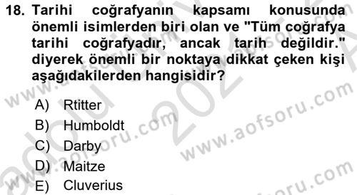 Tarihi Coğrafya Dersi Ara Sınavı Deneme Sınav Soruları 18. Soru