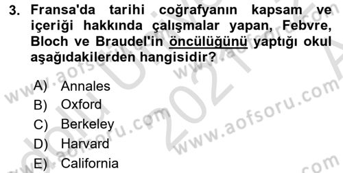 Tarihi Coğrafya Dersi Ara Sınavı Deneme Sınav Soruları 3. Soru