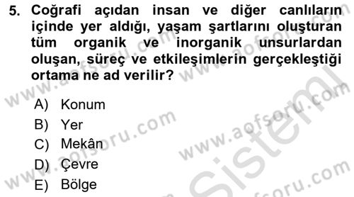 Tarihi Coğrafya Dersi Ara Sınavı Deneme Sınav Soruları 5. Soru