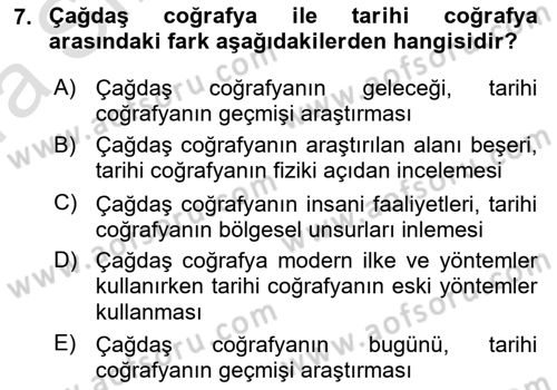 Tarihi Coğrafya Dersi Ara Sınavı Deneme Sınav Soruları 7. Soru