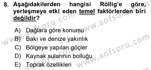 Tarihi Coğrafya Dersi Ara Sınavı Deneme Sınav Soruları 8. Soru