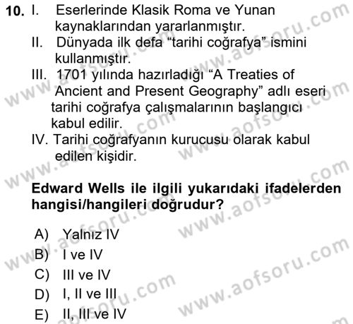 Tarihi Coğrafya Dersi 2022 - 2023 Yılı (Vize) Ara Sınav Soruları 10. Soru