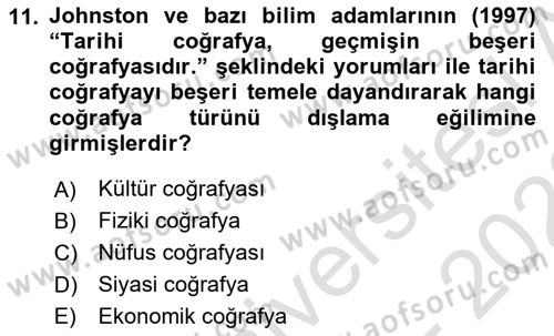 Tarihi Coğrafya Dersi 2022 - 2023 Yılı (Vize) Ara Sınav Soruları 11. Soru