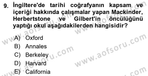 Tarihi Coğrafya Dersi 2022 - 2023 Yılı (Vize) Ara Sınav Soruları 9. Soru