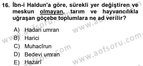 Tarihi Coğrafya Dersi 2022 - 2023 Yılı Yaz Okulu Sınav Soruları 16. Soru