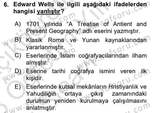 Tarihi Coğrafya Dersi 2022 - 2023 Yılı Yaz Okulu Sınav Soruları 6. Soru
