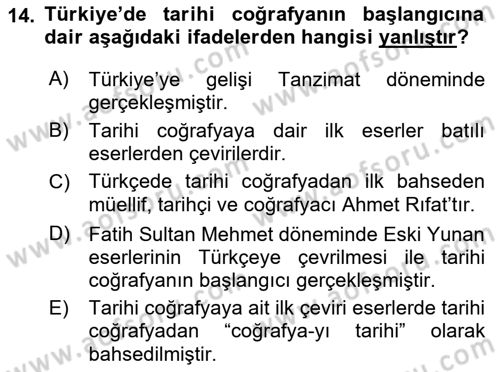 Tarihi Coğrafya Dersi 2023 - 2024 Yılı (Vize) Ara Sınav Soruları 14. Soru