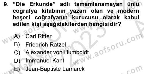 Tarihi Coğrafya Dersi 2023 - 2024 Yılı (Vize) Ara Sınav Soruları 9. Soru