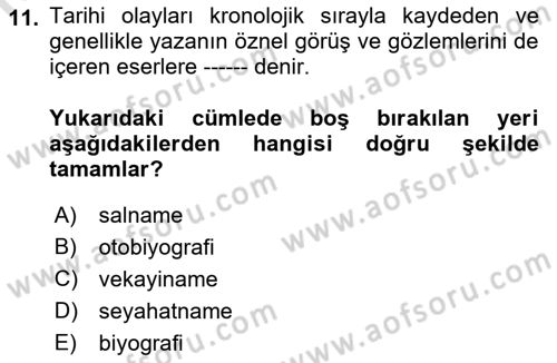 Tarihi Coğrafya Dersi 2023 - 2024 Yılı (Final) Dönem Sonu Sınav Soruları 11. Soru