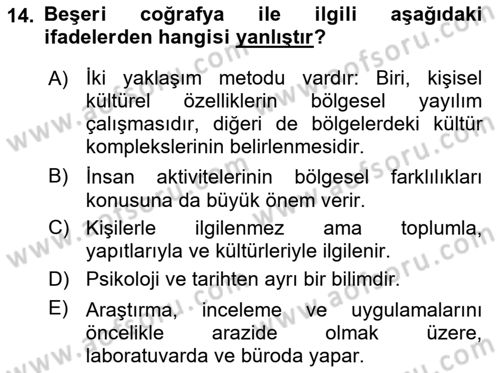 Tarihi Coğrafya Dersi Ara Sınavı Deneme Sınav Soruları 14. Soru