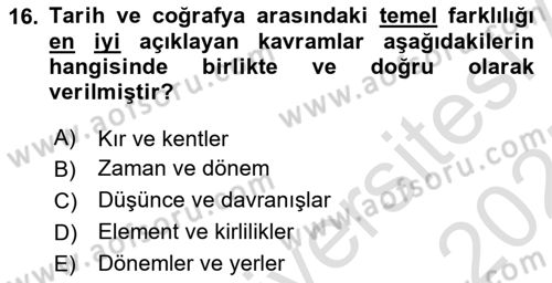Tarihi Coğrafya Dersi 2024 - 2025 Yılı (Vize) Ara Sınav Soruları 16. Soru