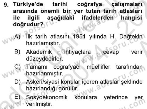 Tarihi Coğrafya Dersi Ara Sınavı Deneme Sınav Soruları 9. Soru