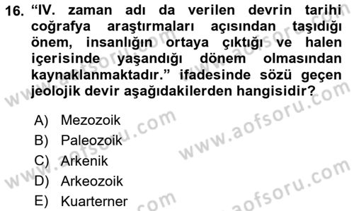 Tarihi Coğrafya Dersi 2024 - 2025 Yılı (Final) Dönem Sonu Sınav Soruları 16. Soru
