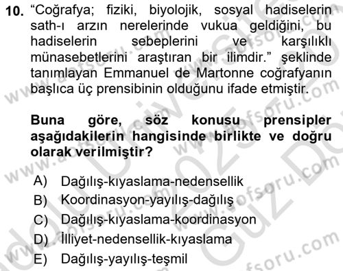 Tarihi Coğrafya Dersi 2025 - 2026 Yılı (Vize) Ara Sınav Soruları 10. Soru