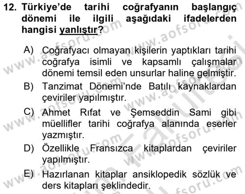 Tarihi Coğrafya Dersi 2025 - 2026 Yılı (Vize) Ara Sınav Soruları 12. Soru