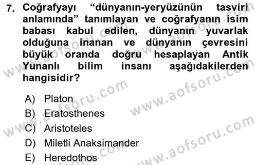 Tarihi Coğrafya Dersi 2025 - 2026 Yılı (Vize) Ara Sınav Soruları 7. Soru