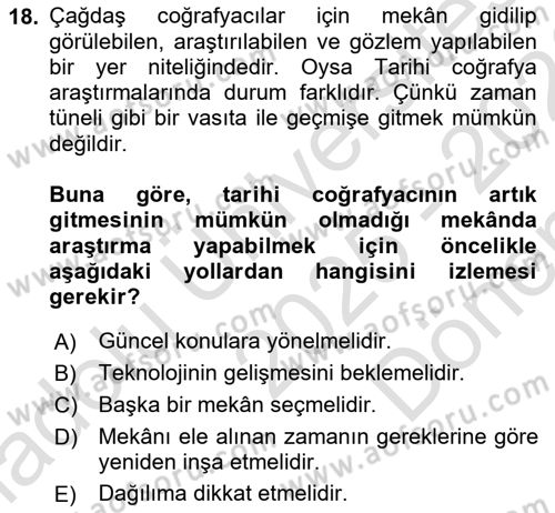 Tarihi Coğrafya Dersi 2025 - 2026 Yılı (Final) Dönem Sonu Sınav Soruları 18. Soru