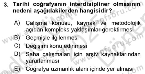 Tarihi Coğrafya Dersi 2025 - 2026 Yılı (Final) Dönem Sonu Sınav Soruları 3. Soru