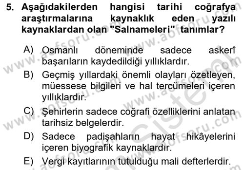 Tarihi Coğrafya Dersi 2025 - 2026 Yılı (Final) Dönem Sonu Sınav Soruları 5. Soru