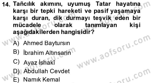 XIX. Yüzyıl Türk Dünyası Dersi 2013 - 2014 Yılı (Vize) Ara Sınav Soruları 14. Soru