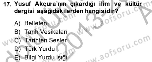 XIX. Yüzyıl Türk Dünyası Dersi 2013 - 2014 Yılı (Vize) Ara Sınav Soruları 17. Soru