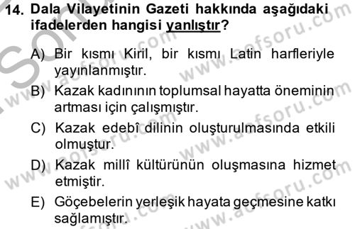 XIX. Yüzyıl Türk Dünyası Dersi 2014 - 2015 Yılı (Final) Dönem Sonu Sınav Soruları 14. Soru