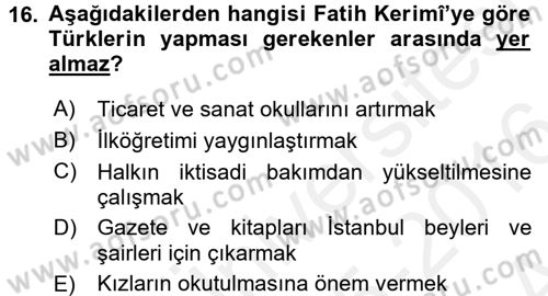 XIX. Yüzyıl Türk Dünyası Dersi 2015 - 2016 Yılı (Vize) Ara Sınav Soruları 16. Soru