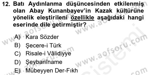 XIX. Yüzyıl Türk Dünyası Dersi 2017 - 2018 Yılı (Final) Dönem Sonu Sınav Soruları 12. Soru