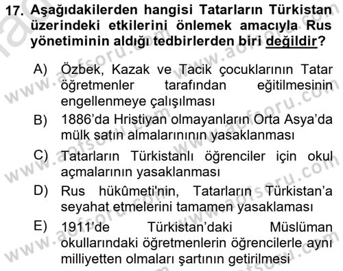 XIX. Yüzyıl Türk Dünyası Dersi 2018 - 2019 Yılı 3 Ders Sınav Soruları 17. Soru