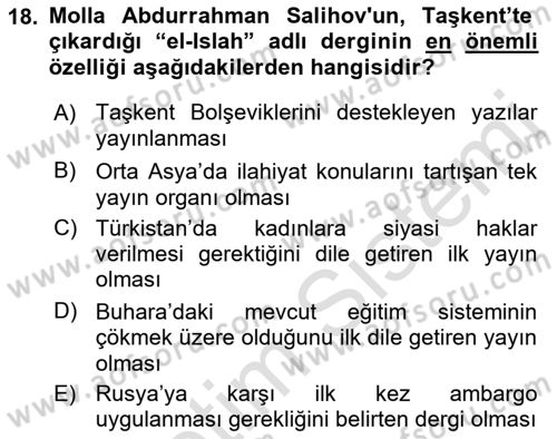 XIX. Yüzyıl Türk Dünyası Dersi 2018 - 2019 Yılı 3 Ders Sınav Soruları 18. Soru