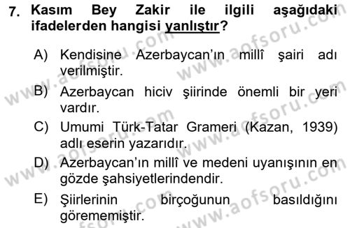 XIX. Yüzyıl Türk Dünyası Dersi 2018 - 2019 Yılı 3 Ders Sınav Soruları 7. Soru