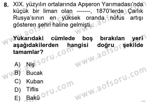 XIX. Yüzyıl Türk Dünyası Dersi 2018 - 2019 Yılı 3 Ders Sınav Soruları 8. Soru