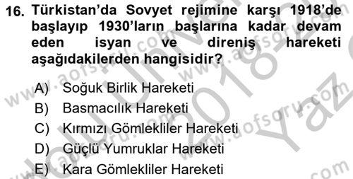 XIX. Yüzyıl Türk Dünyası Dersi 2018 - 2019 Yılı Yaz Okulu Sınav Soruları 16. Soru
