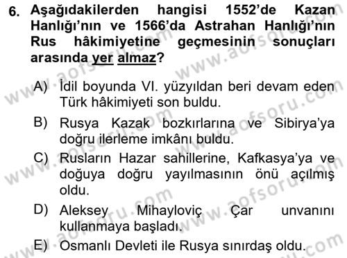 XIX. Yüzyıl Türk Dünyası Dersi 2018 - 2019 Yılı Yaz Okulu Sınavı 6. Soru