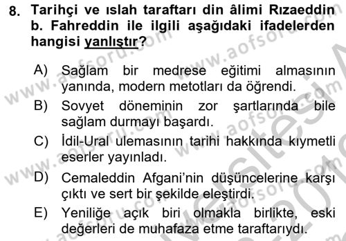 XIX. Yüzyıl Türk Dünyası Dersi 2018 - 2019 Yılı Yaz Okulu Sınavı 8. Soru