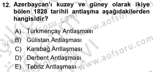XIX. Yüzyıl Türk Dünyası Dersi 2020 - 2021 Yılı Yaz Okulu Sınav Soruları 12. Soru
