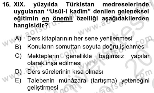 XIX. Yüzyıl Türk Dünyası Dersi 2020 - 2021 Yılı Yaz Okulu Sınav Soruları 16. Soru