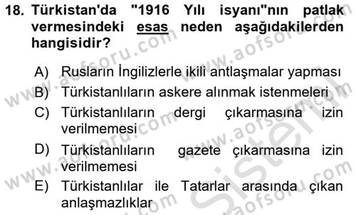 XIX. Yüzyıl Türk Dünyası Dersi 2020 - 2021 Yılı Yaz Okulu Sınav Soruları 18. Soru