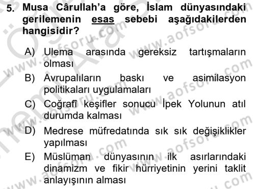 XIX. Yüzyıl Türk Dünyası Dersi 2021 - 2022 Yılı (Vize) Ara Sınav Soruları 5. Soru