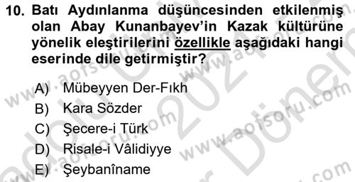XIX. Yüzyıl Türk Dünyası Dersi 2021 - 2022 Yılı (Final) Dönem Sonu Sınav Soruları 10. Soru