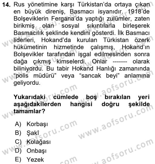 XIX. Yüzyıl Türk Dünyası Dersi 2021 - 2022 Yılı (Final) Dönem Sonu Sınav Soruları 14. Soru