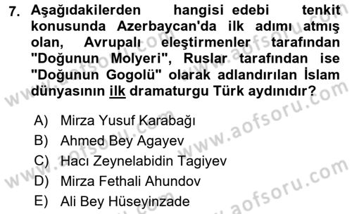 XIX. Yüzyıl Türk Dünyası Dersi 2021 - 2022 Yılı (Final) Dönem Sonu Sınavı 7. Soru