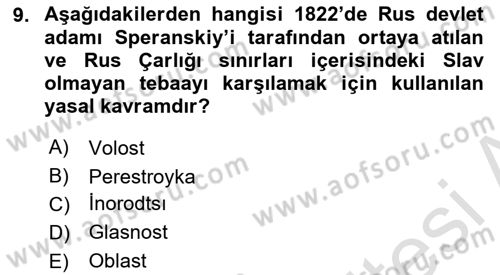 XIX. Yüzyıl Türk Dünyası Dersi 2021 - 2022 Yılı (Final) Dönem Sonu Sınav Soruları 9. Soru