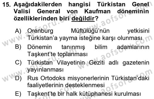 XIX. Yüzyıl Türk Dünyası Dersi 2022 - 2023 Yılı Yaz Okulu Sınav Soruları 15. Soru